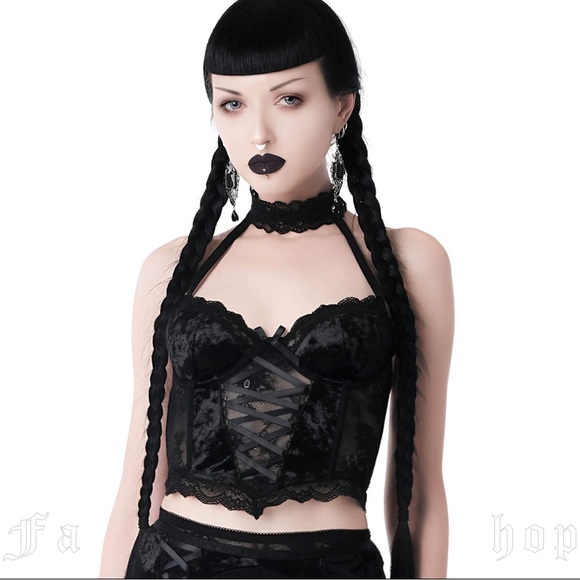 Killstar Black Cardinal Sins Gothic Lace Up Velvet High Neck Bralette NWOT XL - Picture 2 of 16